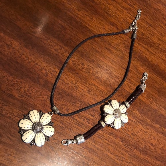 BRIGHTON Braided Leather Necklace with Floral Multi-Texture Flower Pendant